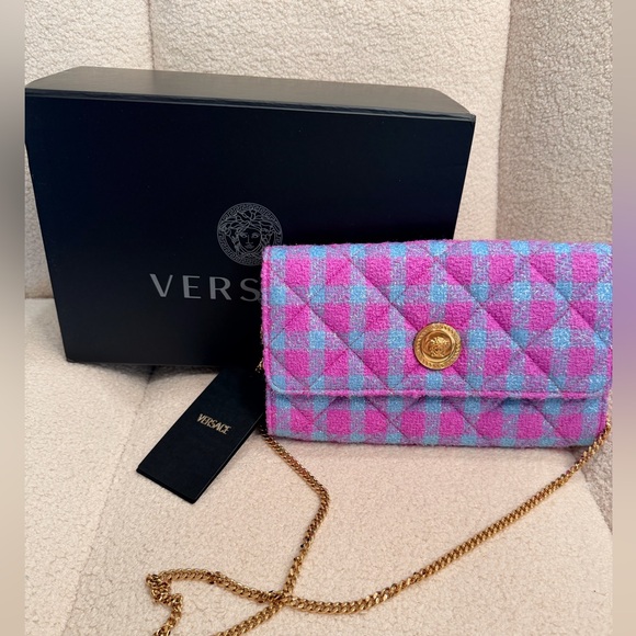 Versace Handbags - Versace Pink and Blue Checkered Clutch with Gold Chain
